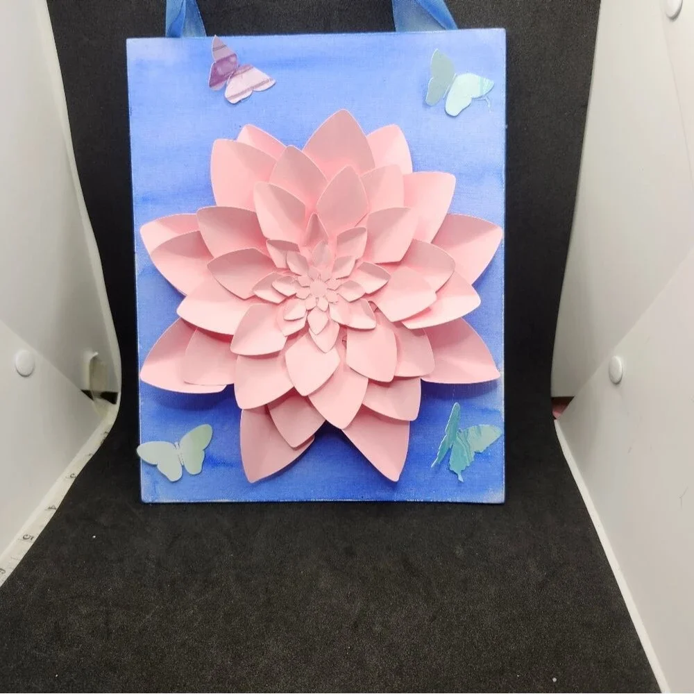 Hand Crafted 3-D Art Dahlia Canvas Floral Pink Mixed Media 8x10 inch